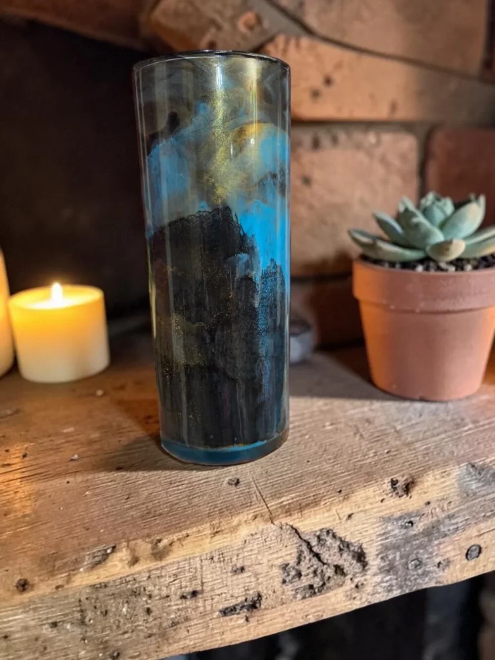 Handpainted OOAK Acrylic Pour Cylinder Vase, Teal Blue Black Gold, Unique Art